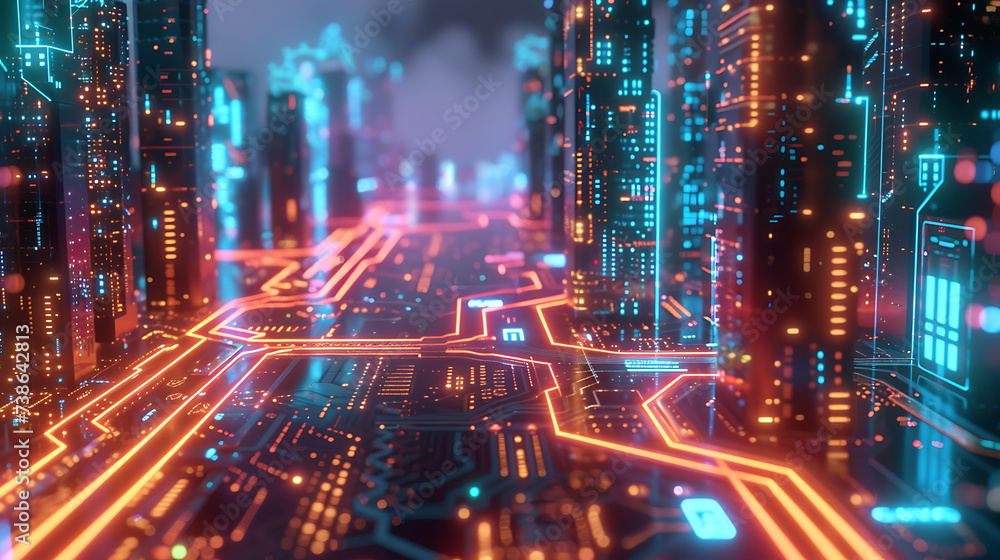 Neon-lit circuit board cityscape, where data flows through electrifying pathways