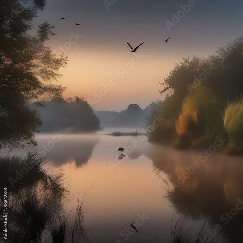 A serene lake at dawn, with mist rising from the water and birds chirping in the distance, offering a peaceful scene4 photo