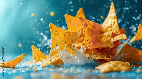 Portrait of flying doritos on the clean blurry blue backdrop with empty space, light and shadow abstract backdrop, Generative AI.