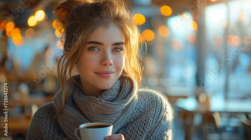 Woman Enjoying a Cup of Happiness in a Modern, Light Filled Cafe with a Happy Smile