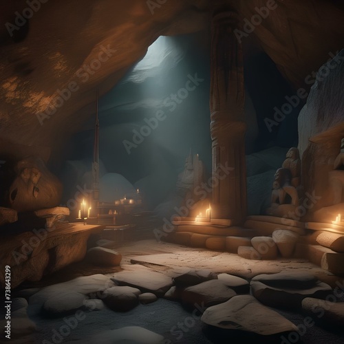 A mysterious cave with ancient paintings and artifacts, hinting at a lost civilization and untold stories5