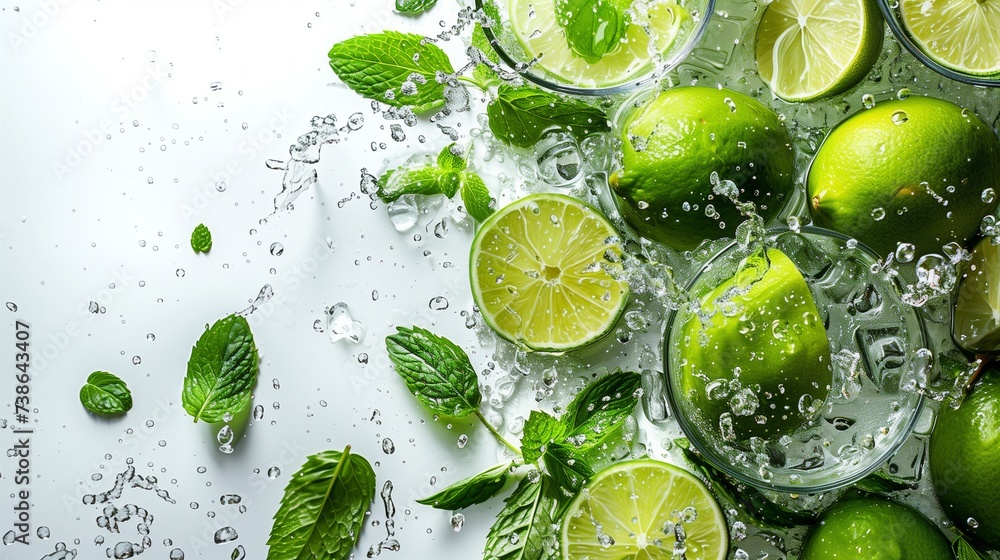Mint Leaves, Lime Slices, and Splashes Dance in the Air Against a Clean White Background Mint Leaves, Lime Slices, and Splashes Dance in the Air Against a Clean White Background