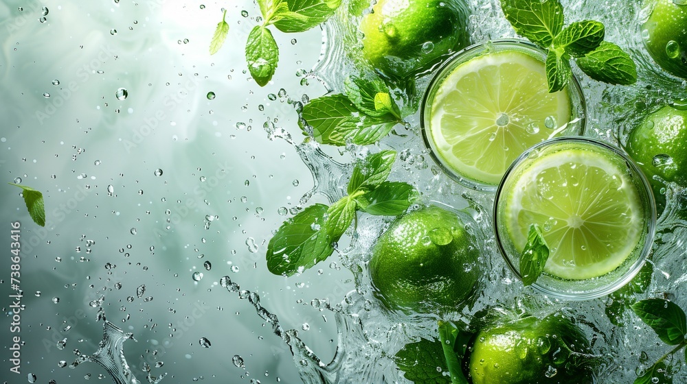 Mint Leaves, Lime Slices, and Splashes Dance in the Air Against a Clean White Background Mint Leaves, Lime Slices, and Splashes Dance in the Air Against a Clean White Background