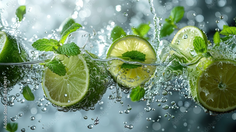 Mint Leaves, Lime Slices, and Splashes Dance in the Air Against a Clean White Background Mint Leaves, Lime Slices, and Splashes Dance in the Air Against a Clean White Background