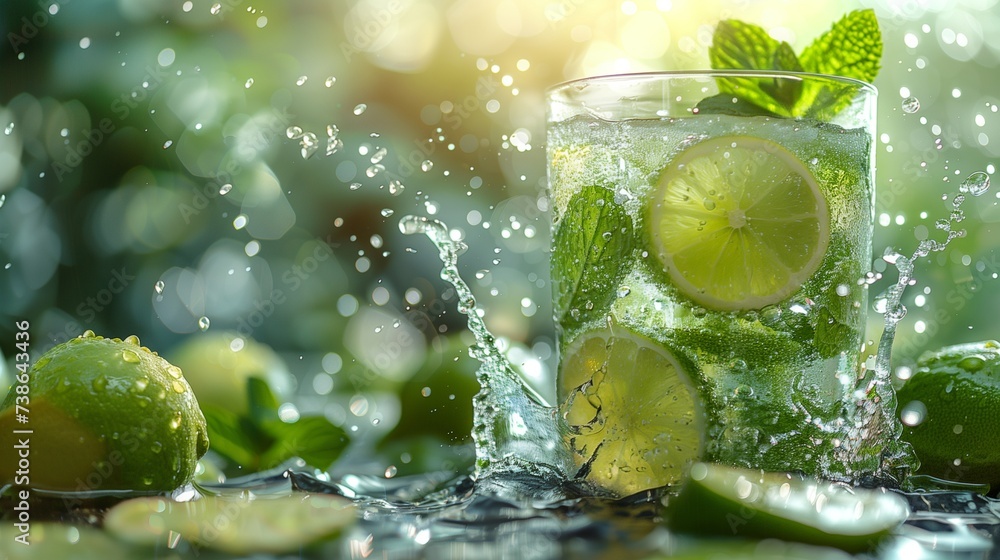 Mint Leaves, Lime Slices, and Splashes Dance in the Air Against a Clean White Background Mint Leaves, Lime Slices, and Splashes Dance in the Air Against a Clean White Background
