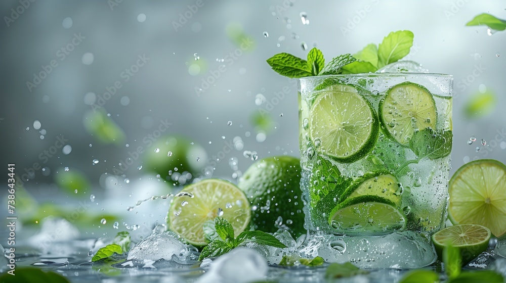 Mint Leaves, Lime Slices, and Splashes Dance in the Air Against a Clean White Background Mint Leaves, Lime Slices, and Splashes Dance in the Air Against a Clean White Background