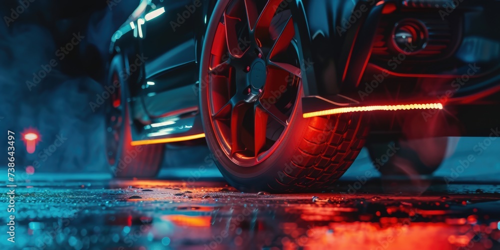 Image showcasing A detailed view of a tire on a wet road. Perfect for illustrating rainy ...