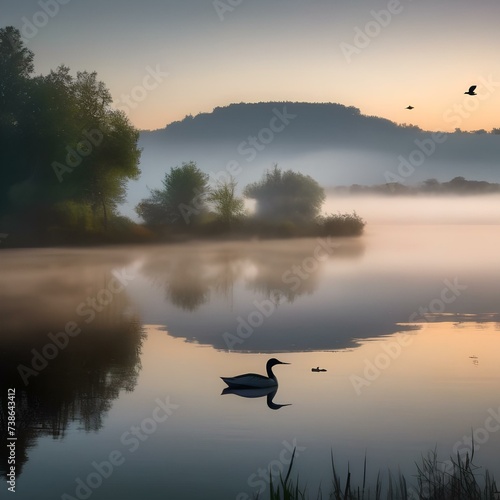 A serene lake at dawn  with mist rising from the water and birds chirping in the distance  offering a peaceful scene3