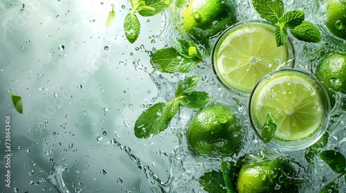Mint Leaves  Lime Slices  and Splashes Dance in the Air Against a Clean White Background