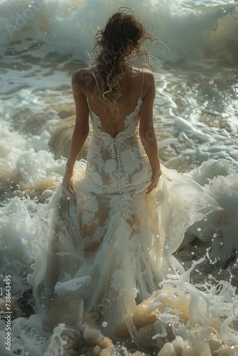 Young Woman in White Dress Stands Gracefully on Beach Waves