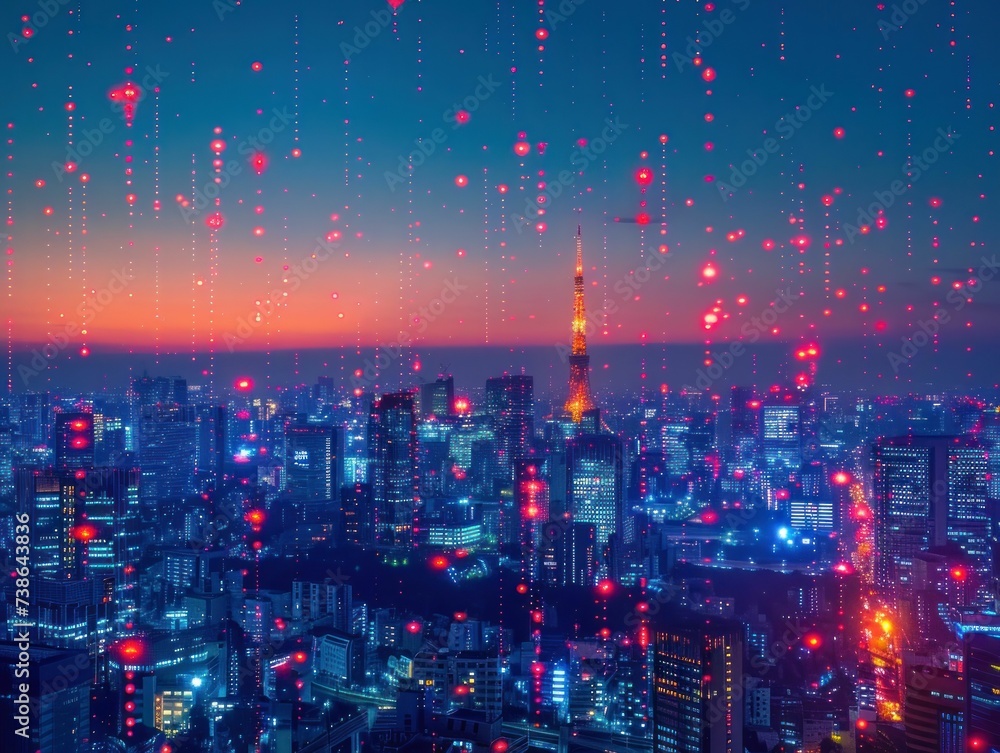 Obraz premium Dawn breaks over high-tech cityscapes, with 5G towers heralding a new connectivity era