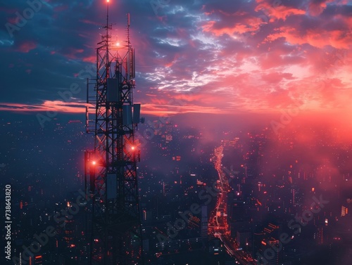 5G network tower silhouetted against a neon-lit futuristic cityscape at night, symbolizing ultra-fast connectivity