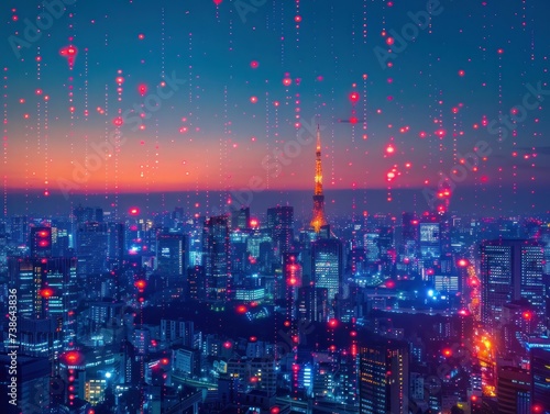 Dawn breaks over high-tech cityscapes, with 5G towers heralding a new connectivity era