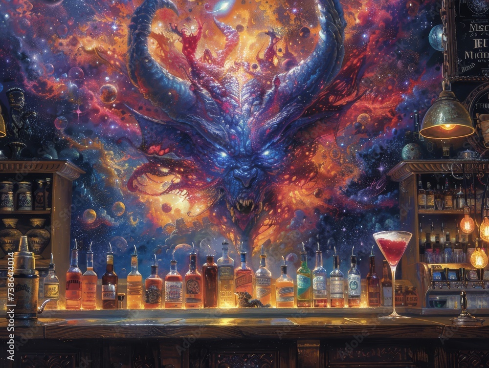Demon bartender at a space crossroads tavern mixing black hole cocktails with a twist of supernova