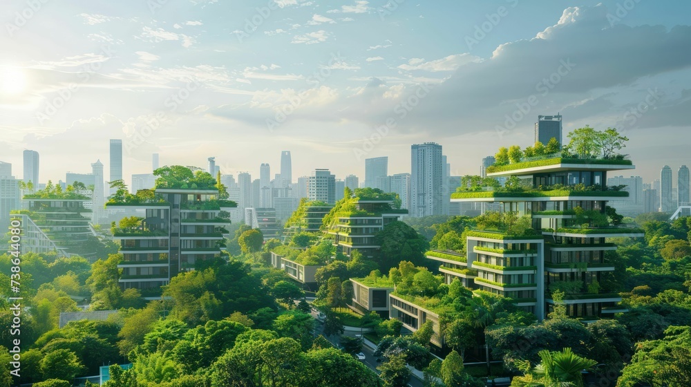 Green urban areas enhanced by 5G, featuring eco-buildings and sustainable energy