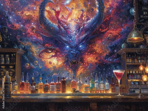Demon bartender at a space crossroads tavern mixing black hole cocktails with a twist of supernova