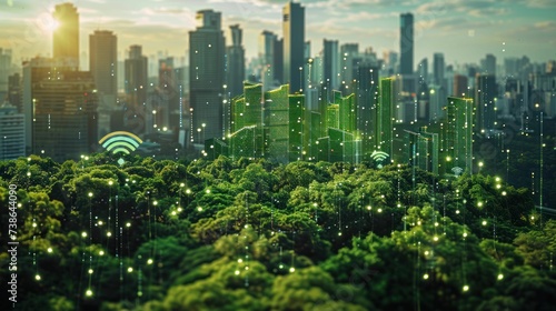 Smart cities turning green with 5G support, showcasing eco-friendly buildings and renewable energies