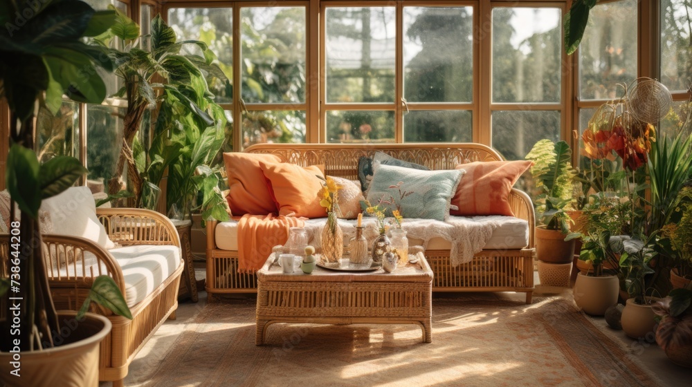 A comfortable sun room with a couch, coffee table, and potted plants. Perfect for relaxing and enjoying the natural light. Ideal for home decor and interior design projects