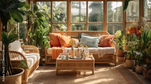 A comfortable sun room with a couch, coffee table, and potted plants. Perfect for relaxing and enjoying the natural light. Ideal for home decor and interior design projects