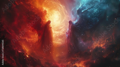 Angel and demon locked in an eternal dance around a dying star battling for its fate photo