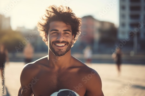 A shirtless man holding a soccer ball on a beautiful beach. Perfect for sports and beach-themed designs photo