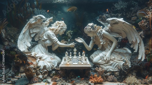 Angel and demon playing a game of chess on a shipwreck coral and fish as spectators