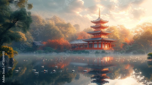 Fotografiet Traditional Asian Pagoda in a Zen Garden: A peaceful scene featuring a traditional Asian pagoda surrounded by a serene Zen garden, conveying tranquility