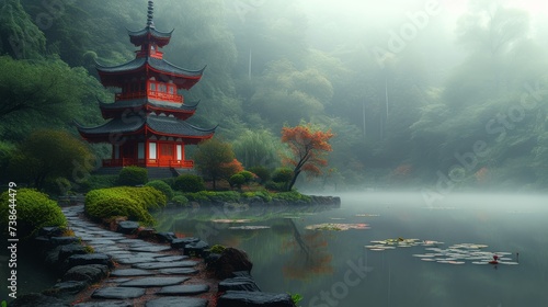 Traditional Asian Pagoda in a Zen Garden: A peaceful scene featuring a traditional Asian pagoda surrounded by a serene Zen garden, conveying tranquility.