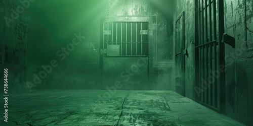 A jail cell surrounded by a thick green fog. Perfect for illustrating the eerie atmosphere of a prison or a mysterious crime scene