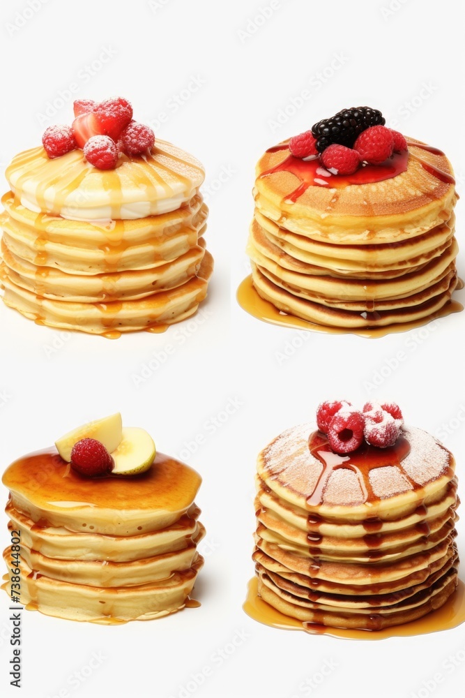 A delicious stack of pancakes topped with syrup and fresh fruit. Perfect for breakfast or brunch A delicious stack of pancakes topped with syrup and fresh fruit. Perfect for breakfast or brunch