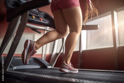 A woman is seen running on a treadmill in a gym. This image can be used to depict fitness, exercise, and a healthy lifestyle