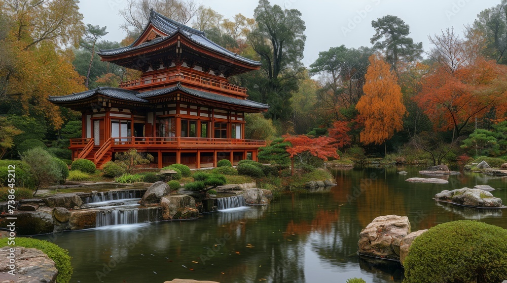 Traditional Asian Pagoda in a Zen Garden: A peaceful scene featuring a traditional Asian pagoda surrounded by a serene Zen garden, conveying tranquility. Traditional Asian Pagoda in a Zen Garden: A peaceful scene featuring a traditional Asian pagoda surrounded by a serene Zen garden, conveying tranquility.