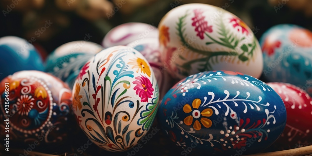 A basket filled with colorful painted eggs sitting on top of a table. Perfect for Easter decorations or festive spring-themed projects A basket filled with colorful painted eggs sitting on top of a table. Perfect for Easter decorations or festive spring-themed projects