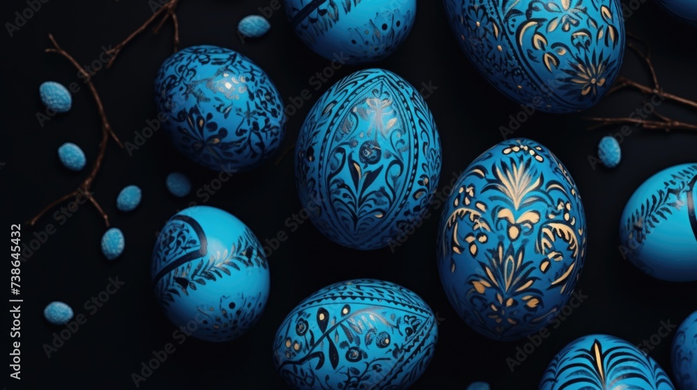 Blue painted Easter eggs arranged on a table. Suitable for Easter celebrations and decorations Blue painted Easter eggs arranged on a table. Suitable for Easter celebrations and decorations
