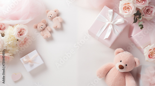 Urodzinowe minimalistyczne jasne tło na życzenia lub metryczkę z balonami i dekoracjami - narodziny dziecka - dziewczynki lub chłopca.