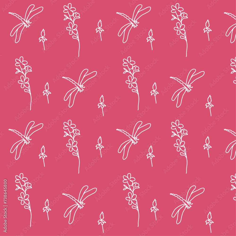 Naklejka premium A pattern of dragonflies and flowers