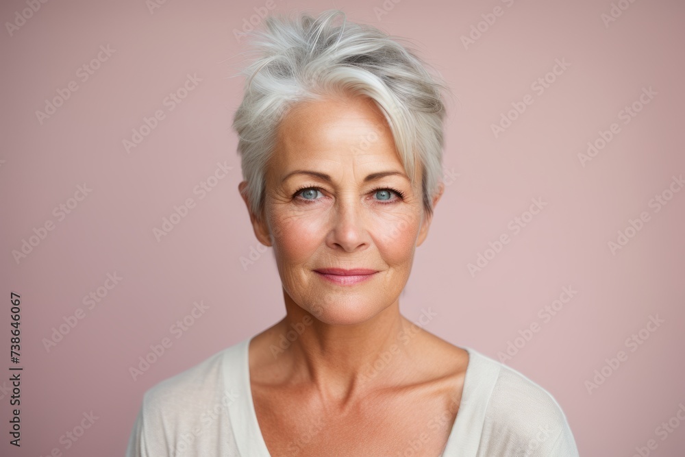 Portrait of a beautiful senior woman with short grey hair on a pink background Portrait of a beautiful senior woman with short grey hair on a pink background