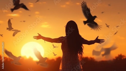 A woman standing in front of a flock of birds. Perfect for nature or wildlife-themed projects
