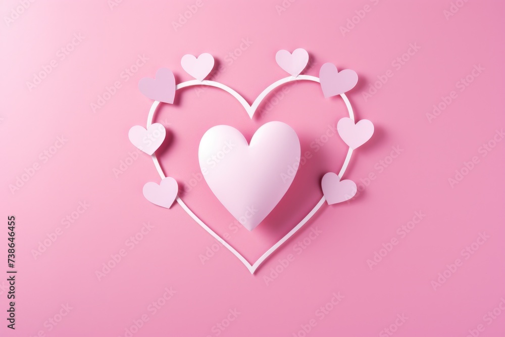 A paper heart surrounded by hearts on a pink background. Perfect for Valentine's Day or romantic themes