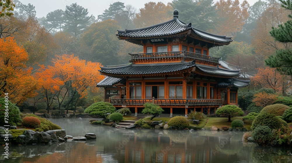 Traditional Asian Pagoda in a Zen Garden: A peaceful scene featuring a traditional Asian pagoda surrounded by a serene Zen garden, conveying tranquility. Traditional Asian Pagoda in a Zen Garden: A peaceful scene featuring a traditional Asian pagoda surrounded by a serene Zen garden, conveying tranquility.