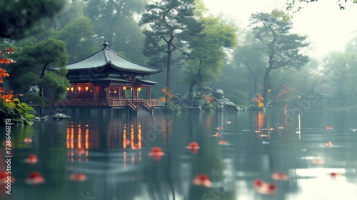 Wallpaper Mural Traditional Asian Pagoda in a Zen Garden: A peaceful scene featuring a traditional Asian pagoda surrounded by a serene Zen garden, conveying tranquility. Torontodigital.ca