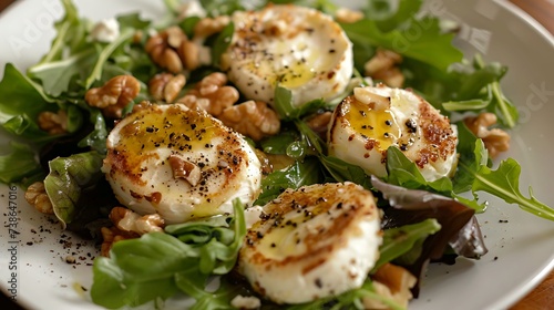 French salade de chevre chaud warm goat cheese salad with mixed greens, walnuts, and vinaigrette