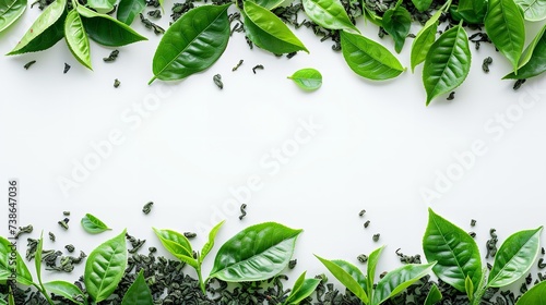 Tea with leafy green and leafy buds over a white setting and big copy space, Generative AI.