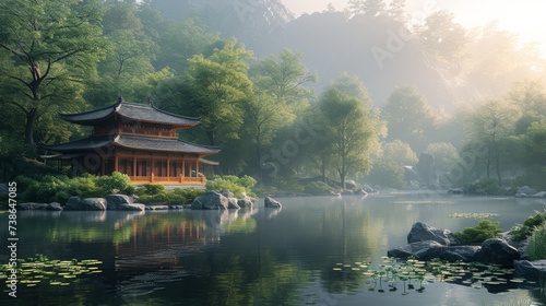 Traditional Asian Pagoda in a Zen Garden: A peaceful scene featuring a traditional Asian pagoda surrounded by a serene Zen garden, conveying tranquility.