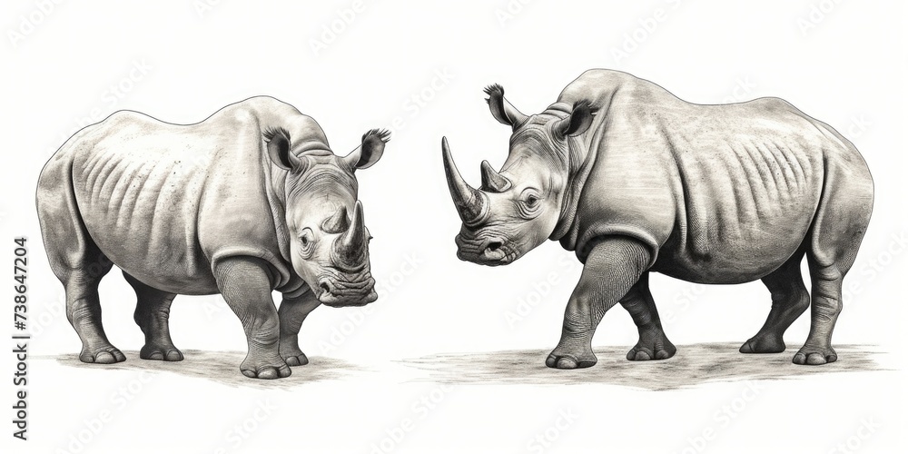 Obraz premium A picture of a couple of rhinos standing next to each other. Suitable for wildlife enthusiasts and animal conservation campaigns