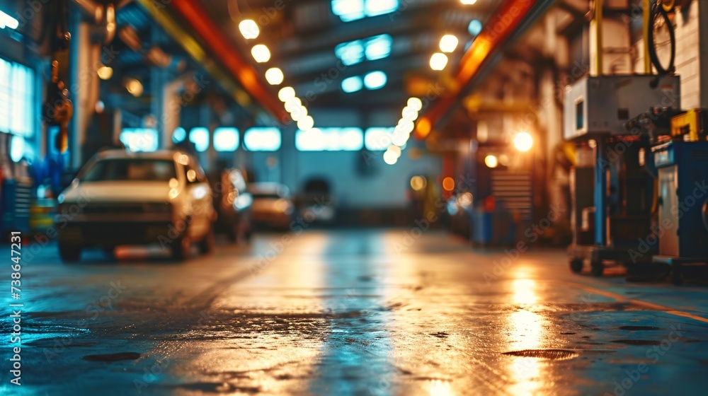 Soft focus car maintenance center with hazy auto workshop background.