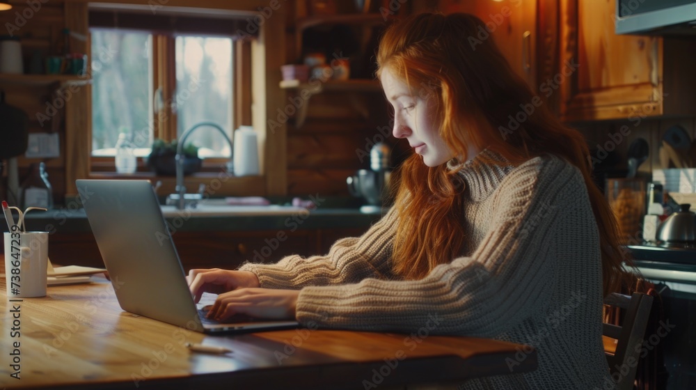 A woman sitting at a kitchen table, focused on using her laptop. This image can be used to illustrate work from home, online communication, or technology in everyday life A woman sitting at a kitchen table, focused on using her laptop. This image can be used to illustrate work from home, online communication, or technology in everyday life
