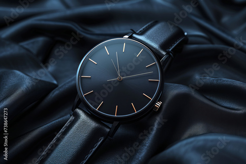 Beautiful luxury men's black watch with a black dial and leather strap lying on a fabric background
