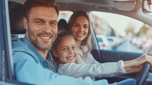 Car buying and leasing. Joyful white family test driving new vehicle in city, relishing road trip view. Parents and young daughter on holiday, journeying in automobile. photo