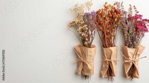 The clusters of dried blooms and kraft-packaged herbs over a white setting and big copy space, Generative AI.